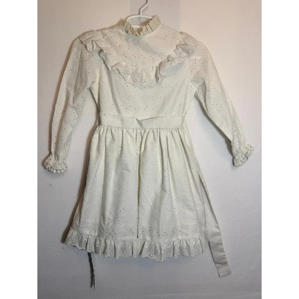 Vintage Girls L'enfant White Eyelet Lace Ruffle Dress Victorian Prairie Small
